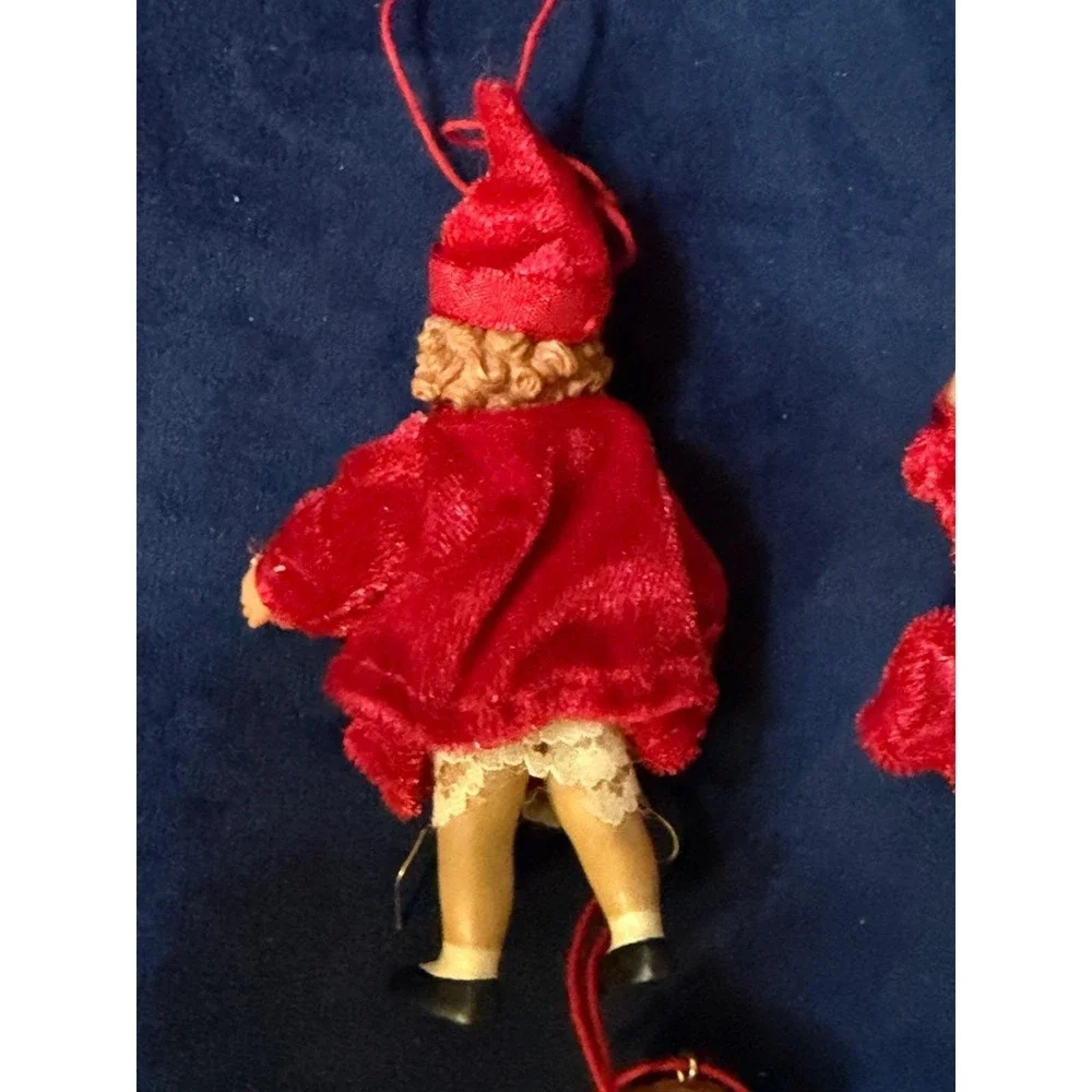 Vintage Red Velvet Christmas Ornaments Set of 6 Victorian Style Boy Girl Figures